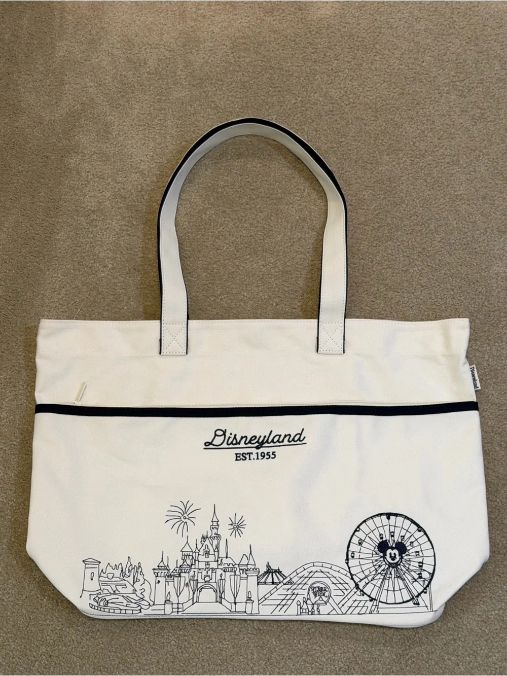 New Disneyland Est 1955 - 5 Park Icons Linework Embroidered Tote Bag Black/White